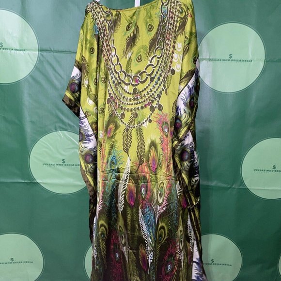 GOLD COAST Mumu House Dress OS One Size Beach Cover-Up Beaded PEACOCK print -NWT - Picture 8 of 12